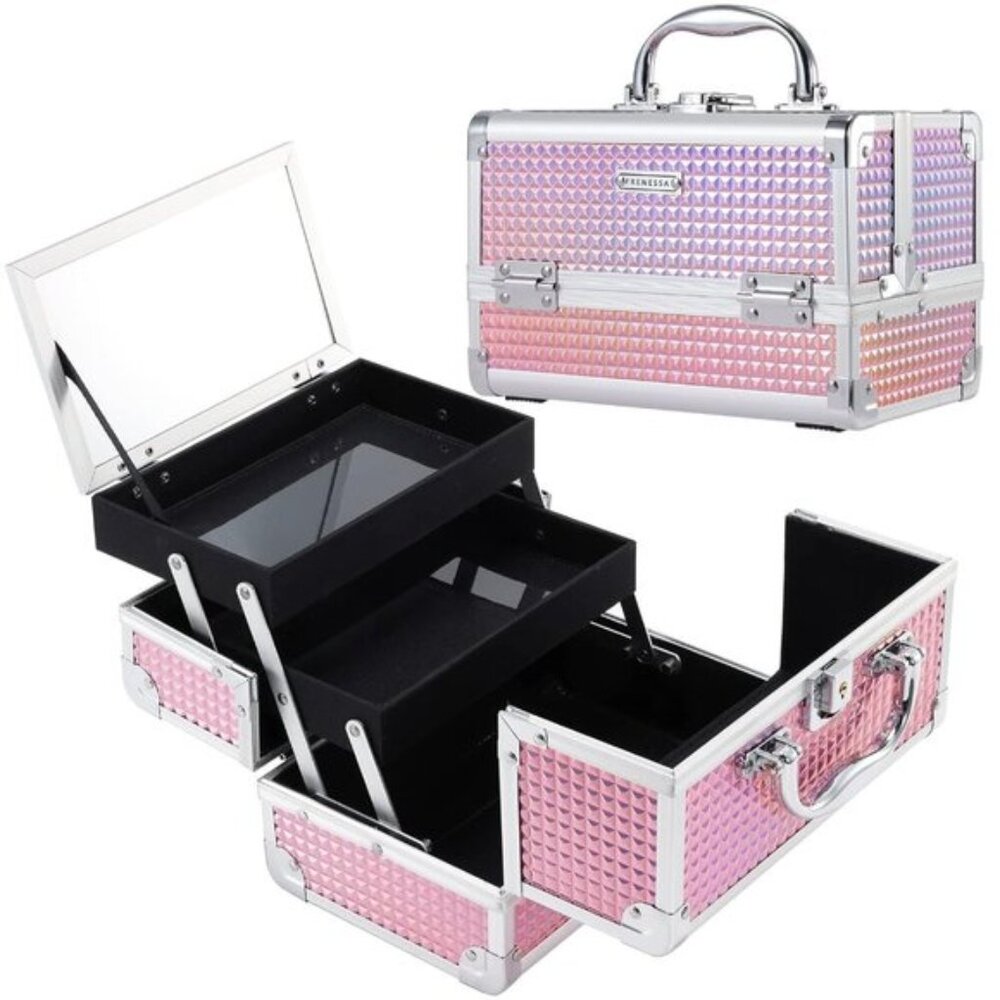 New Pink Makeup Box Organizer, Portable Cosmetic Train Case with Mirror & Lock